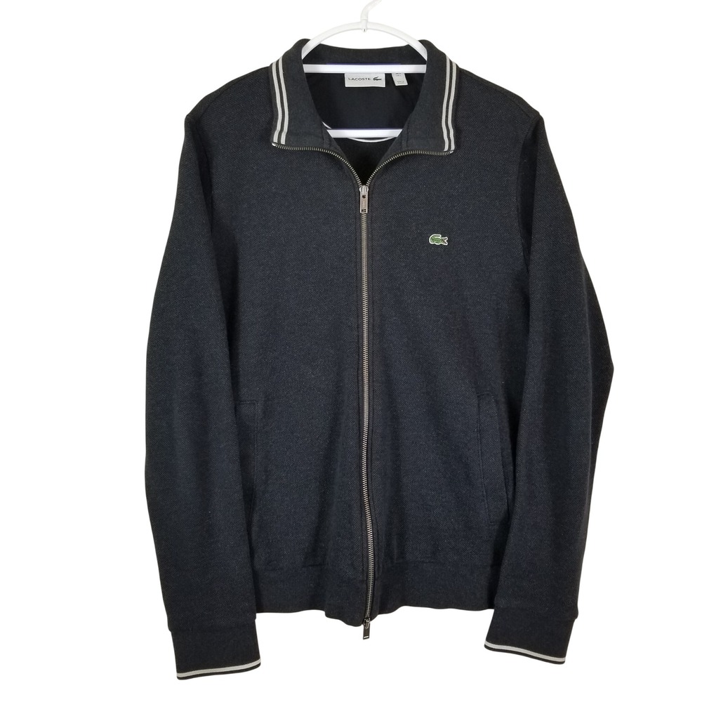 Lacoste Full Zip Jacket Mens Size L Gray Pique Knit Tipped Trim SH2455